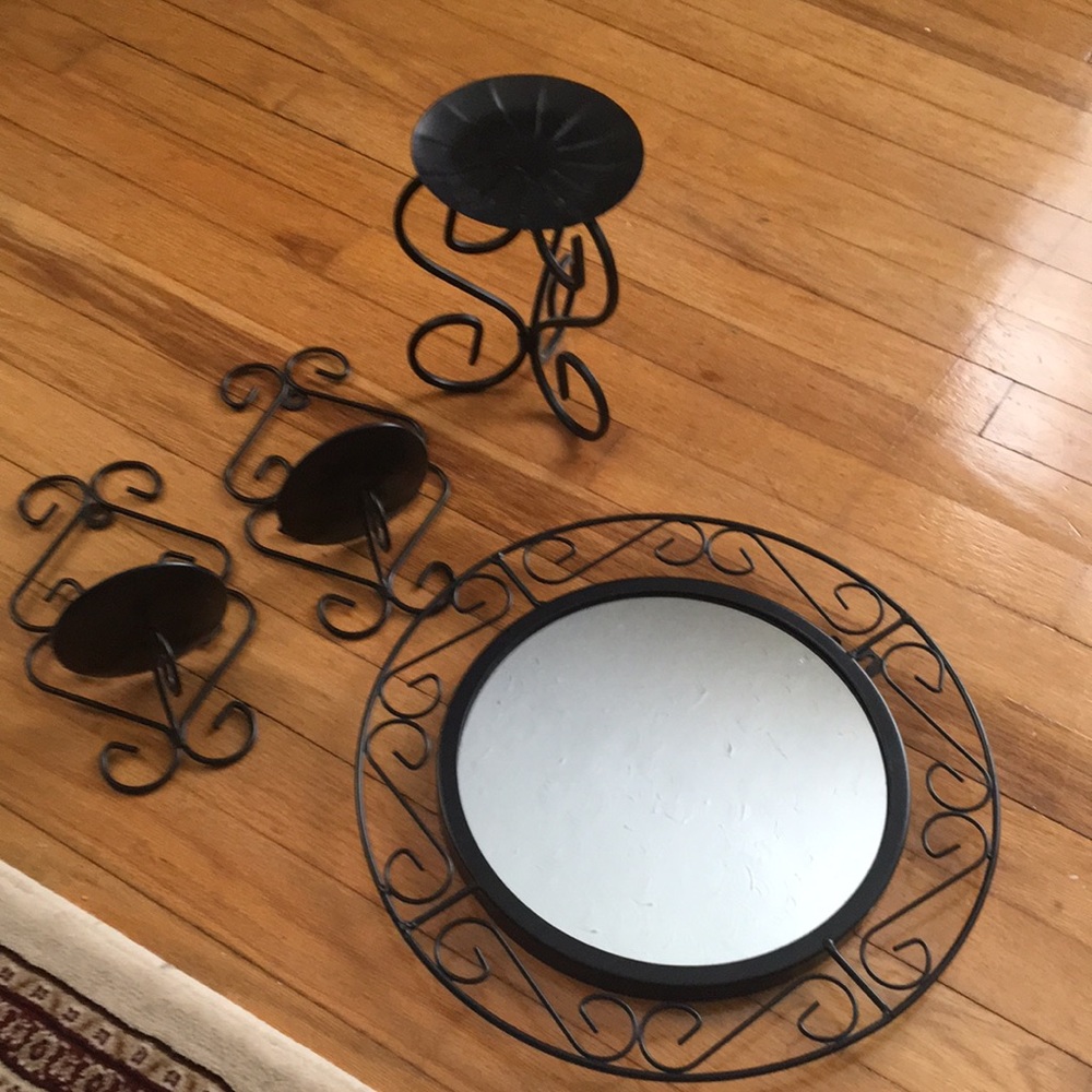 Black Fancy Candle Holder And Round Mirror